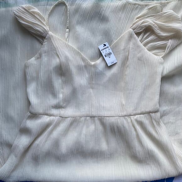 Express Ivory Pleated Chiffon Midi Dress Strappy Peasant Cottagecore Coquette - Picture 3 of 10